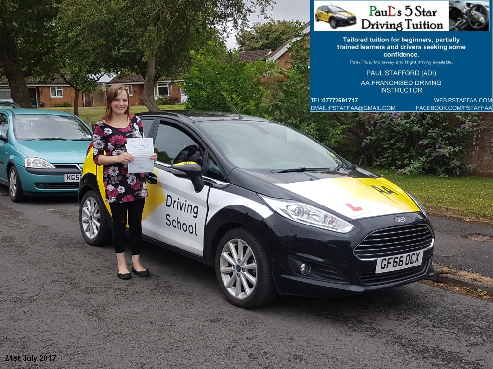 First Time Test Pass Pupil Rebecca Morris with Paul's 5 Star Driving Tuition